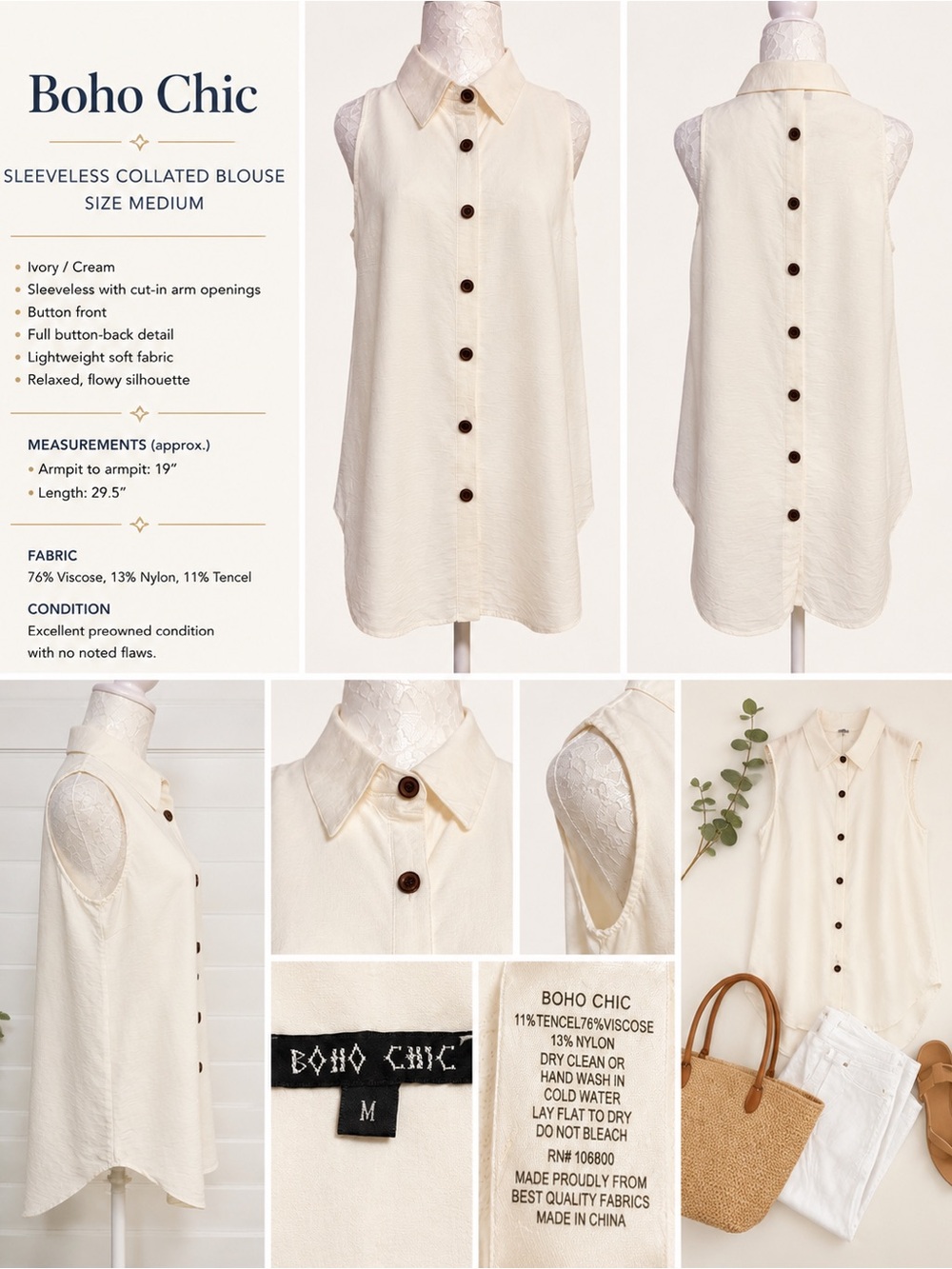 Boho Chic Ivory Button Front & Back Sleeveless Top Medium